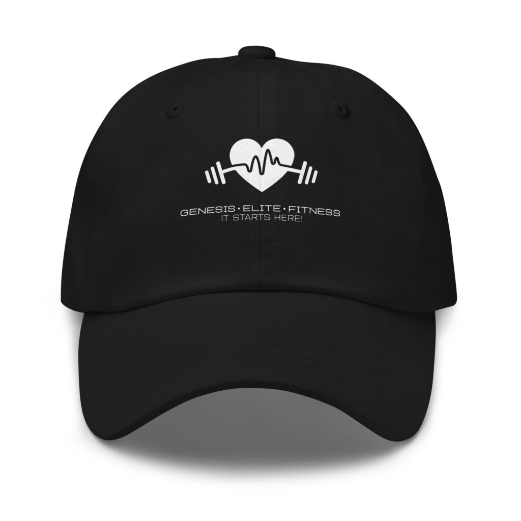 Black baseball cap with a white fitness heartbeat and dumbbell logo.